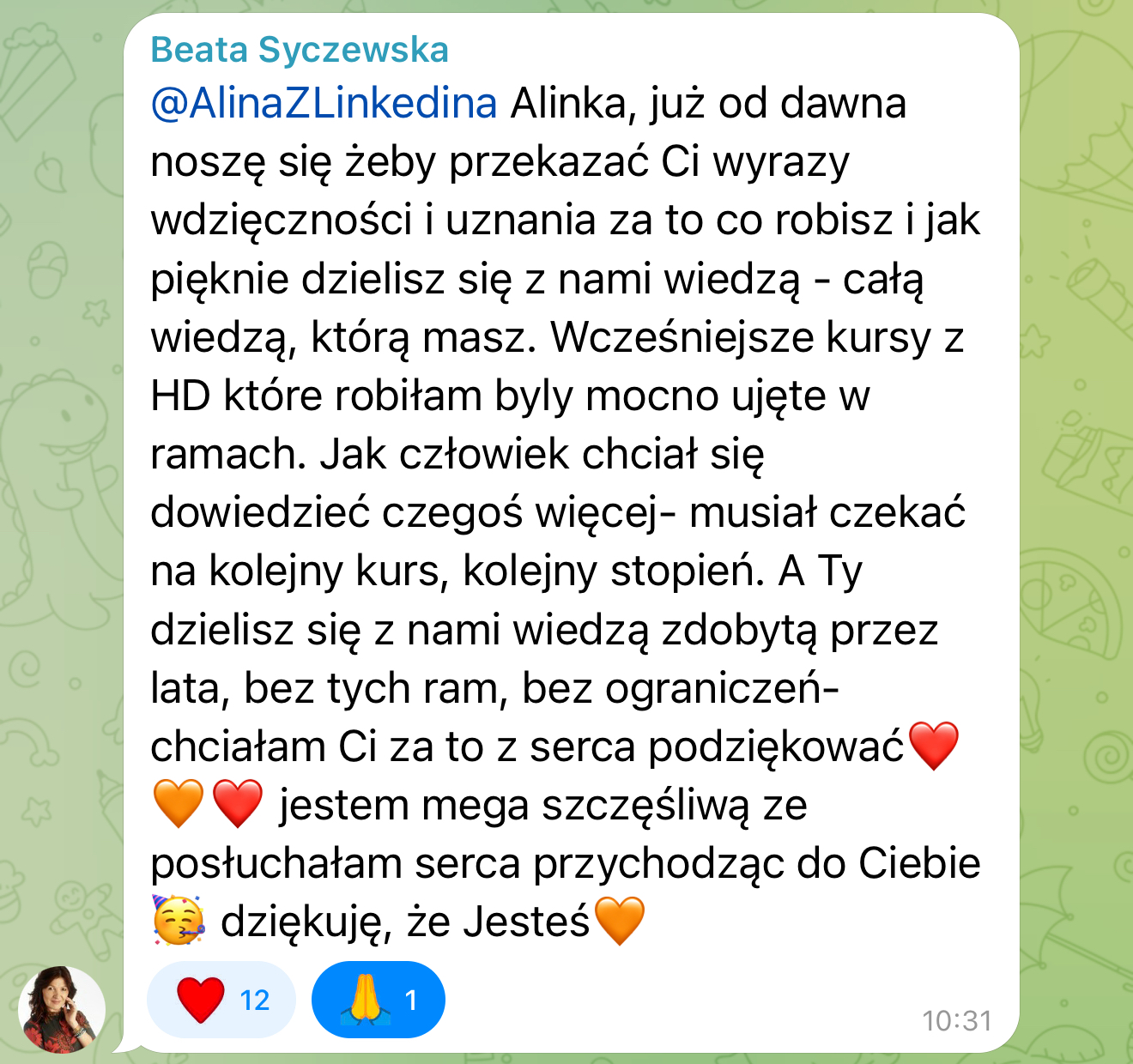 Wiadomość: dziękuję, że dzielisz się całą swoją wiedzą bez ograniczeń