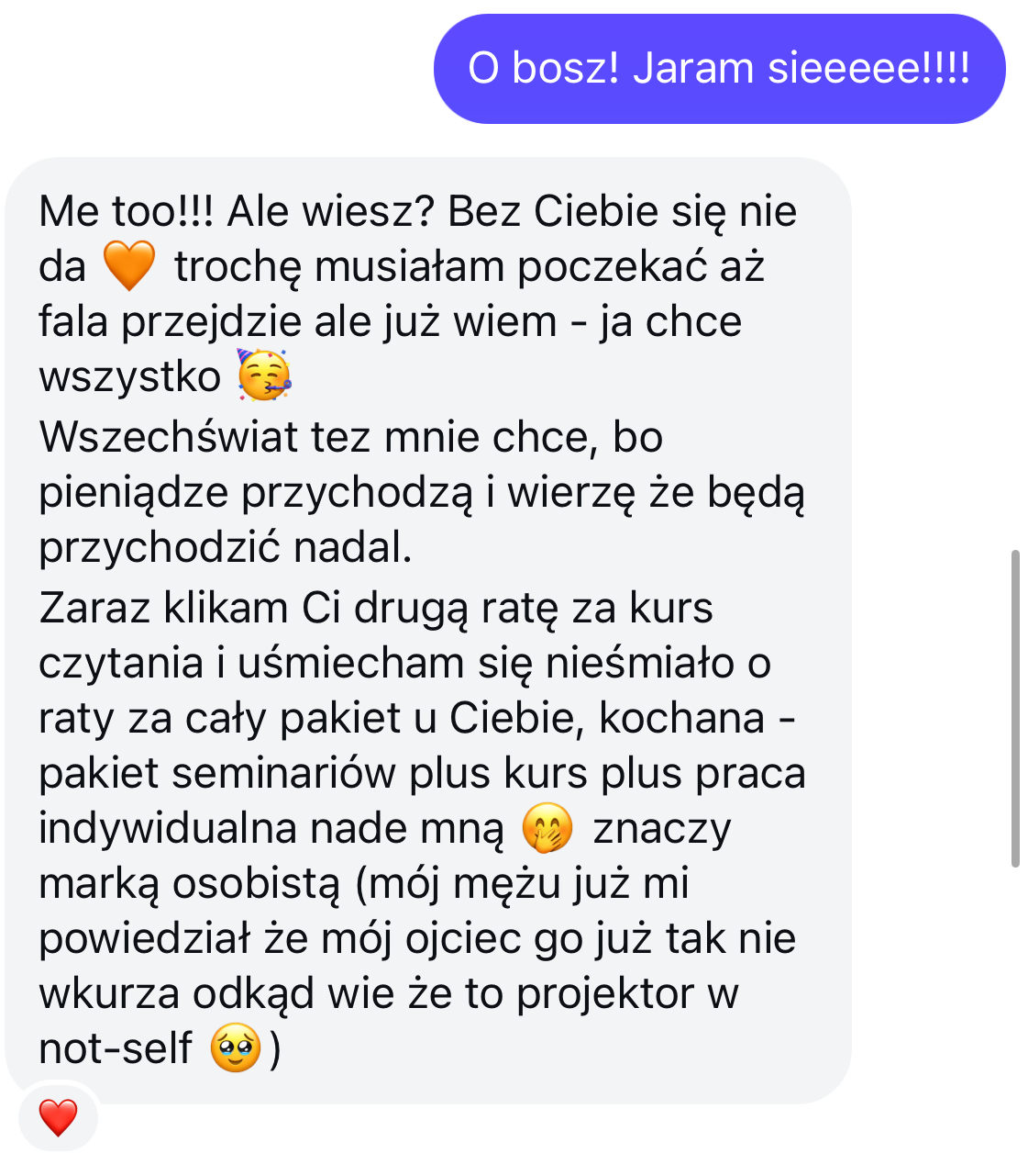 Wiadomość uczestniczki o radości i kolejnych krokach w pracy z HD