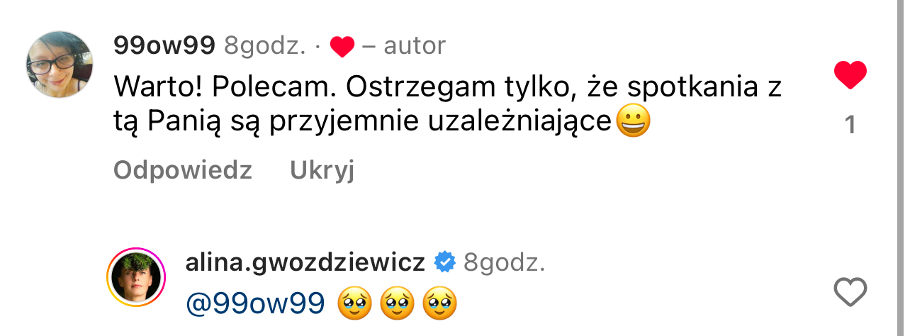 Komentarz: warto, polecam - spotkania z tą Panią są przyjemnie uzależniające