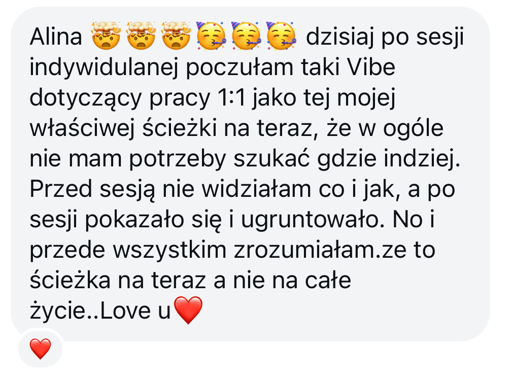 Wiadomość: po sesji indywidualnej poczułam vibe pracy 1:1 jako właściwej ścieżki