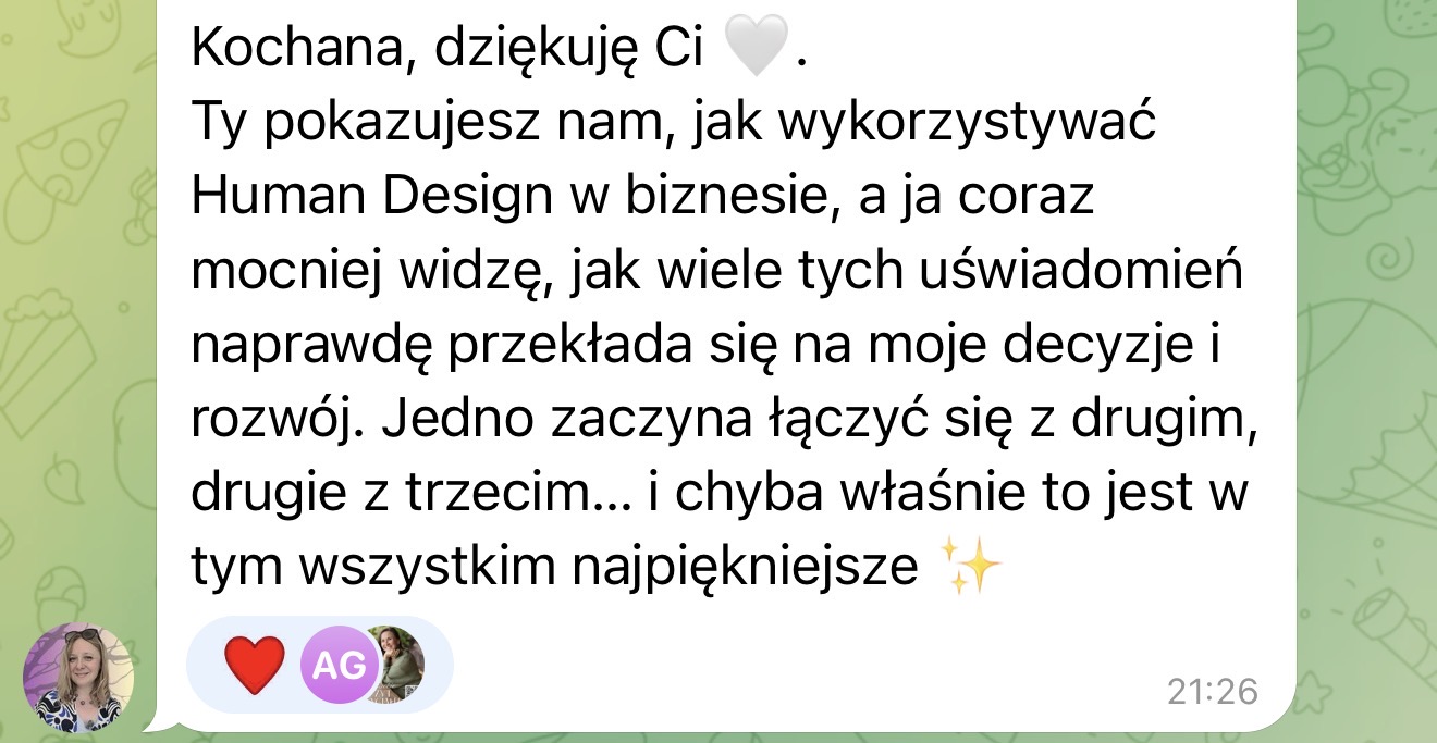 Wiadomość: uświadomienia z Human Design przekładają się na decyzje i rozwój